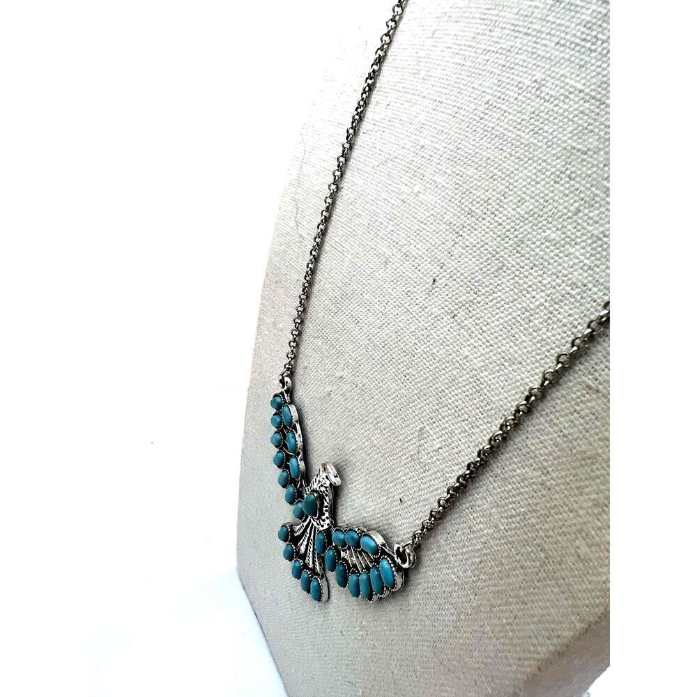 NEW Silver Faux Turquoise Phoenix Pendant Chain Necklace - Picture 4 of 11